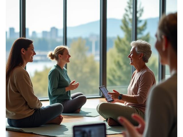 Diverse group of adults engaged in wellness activities using subtle technology interfaces, set against a backdrop of the Portland waterfront.