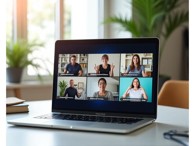 Diverse group of adults participating in a virtual fitness class from their homes, visible on a laptop screen.