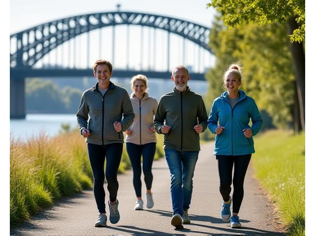 Group of adults enjoying a brisk walk on a scenic path along the Willamette River in Portland, Oregon.