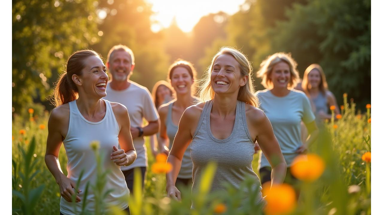 Diverse group of adults laughing and smiling during an outdoor wellness activity, embodying community spirit and vitality.