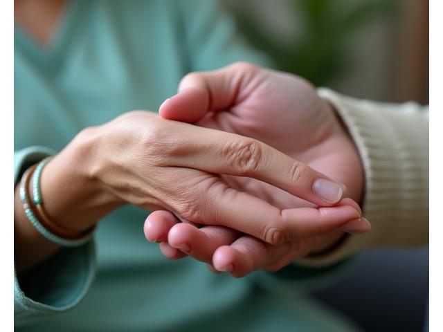 Compassionate mature adult holding the hand of an elderly person, showing support and care.