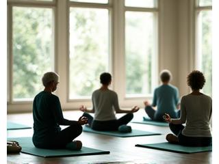 Diverse group meditating peacefully in a soft-lit, serene studio setting, exuding calm.
