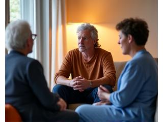Small group of adults in a supportive discussion session, sharing experiences openly and empathetically.