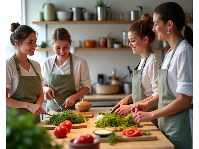 Group of diverse adults enthusiastically participating in a healthy cooking class, chopping vegetables and engaging with an instructor.