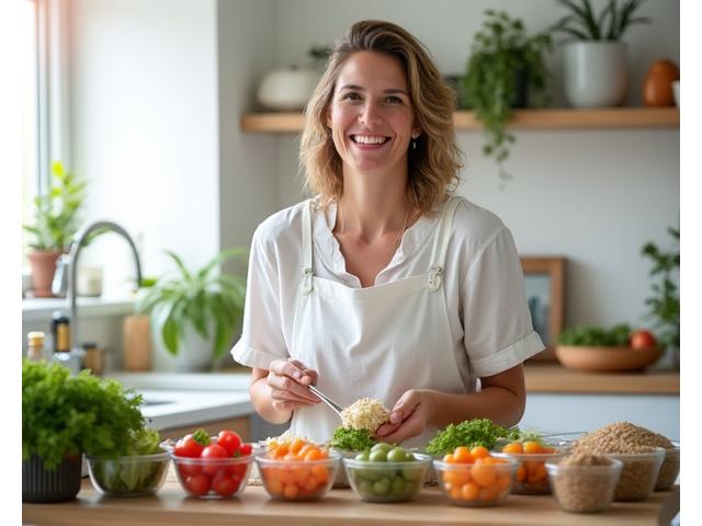 Happy adult preparing healthy meals in a well-organized kitchen, surrounded by fresh ingredients.