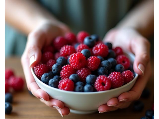 Person thoughtfully eating a bowl of fresh berries, focused on the present moment and enjoying each bite.