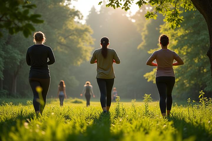 Small group of adults enjoying a serene outdoor yoga session in a lush Portland park, surrounded by nature.