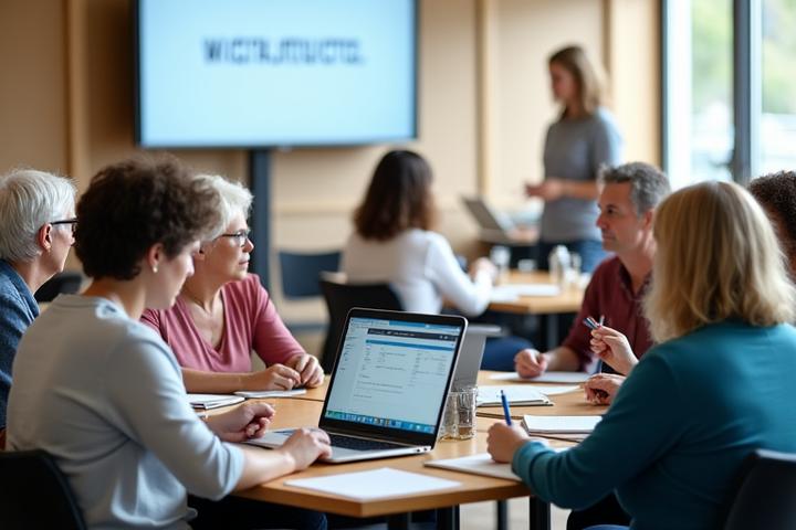 Diverse group of adults engaged in an interactive wellness workshop, learning and taking notes with enthusiasm.