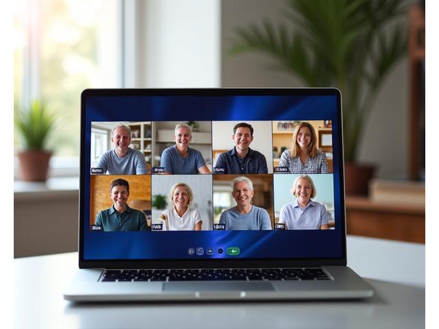 Screen showing a video conference call with diverse happy faces, symbolizing a connected virtual wellness community.