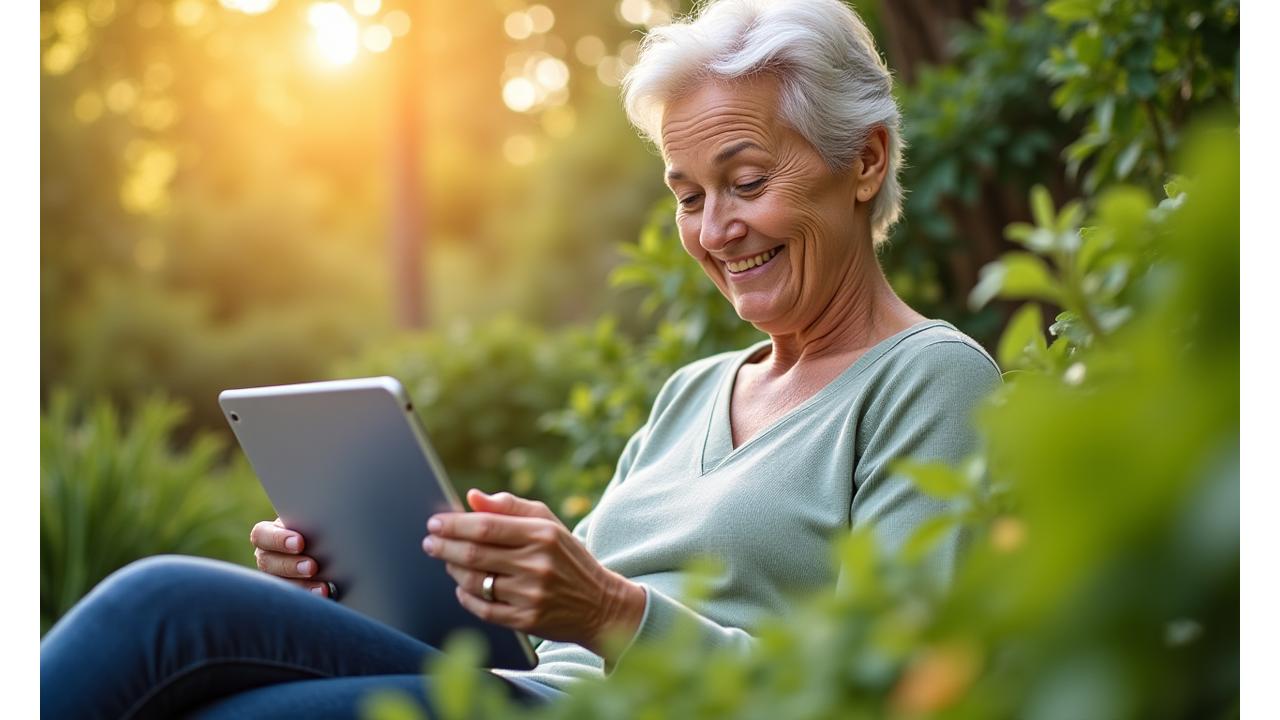 An adult comfortably engaging with a tablet in a sunlit, green outdoor setting, symbolizing balanced and intentional technology use.