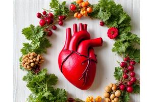 Illustration of a healthy heart surrounded by heart-healthy foods like avocados, nuts, and salmon