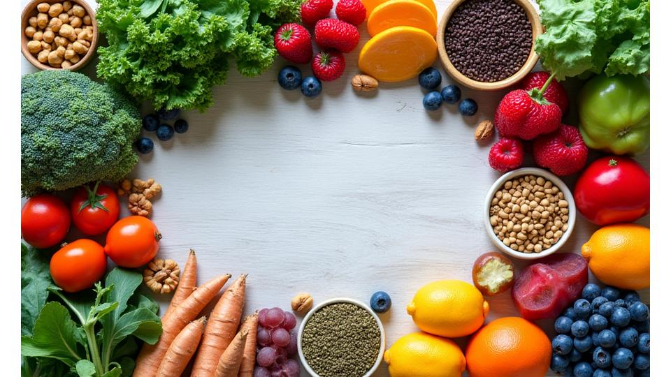 A colorful spread of various superfoods like berries, leafy greens, nuts, and seeds arranged artfully