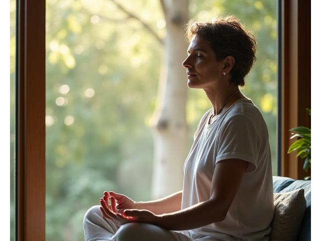 A person in a serene, natural setting doing a calming breathing exercise
