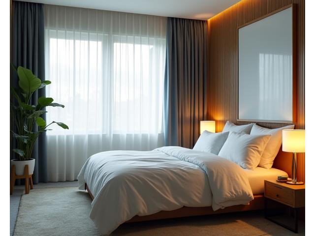 A tranquil bedroom with soft lighting, optimized for sleep
