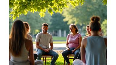 A diverse group of adults practicing mindfulness together in a park setting in Portland, Oregon, with local landmarks subtly in the background.