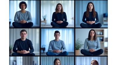 A grid of diverse adults participating in a virtual mindfulness session on a screen, each in their own calm setting, connected online.