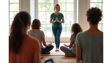 A small group of adults engaged in an interactive mindfulness workshop, with an instructor guiding them through an exercise, in a bright, inviting space.