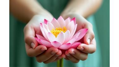 Two hands holding a blooming lotus flower, representing emotional growth and balance.