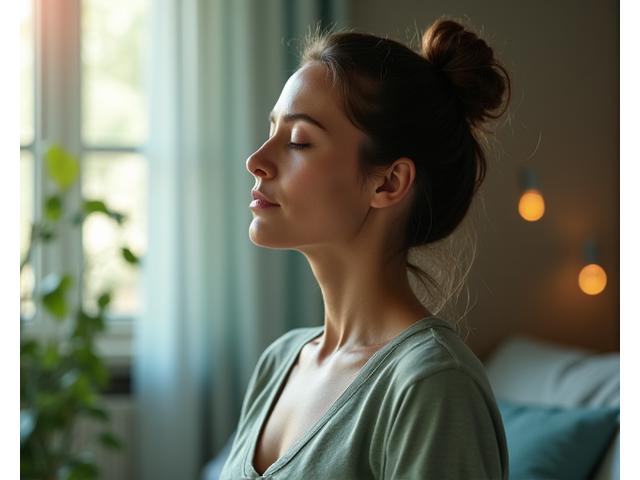 A serene adult woman meditating, with subtle wisps of calming light, symbolizing peace and resilience amidst daily life.
