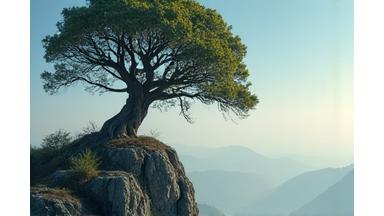 A sturdy tree standing firm against a gentle breeze, symbolizing resilience and strength.