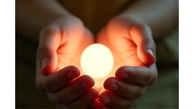 Soft, gentle light illuminating a person's hands cradling a small flame, symbolizing warmth and self-care.