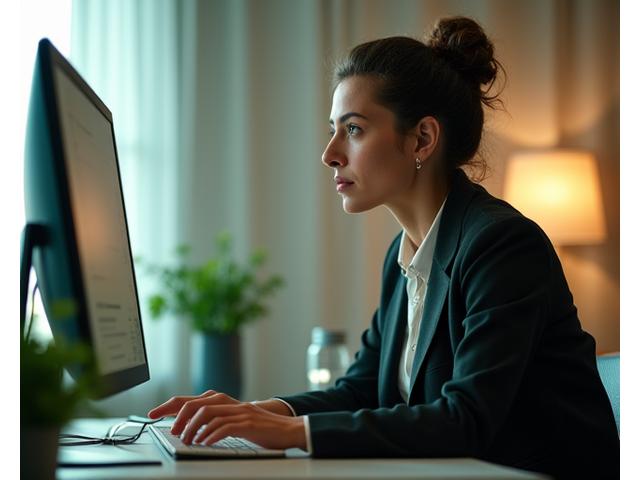 A focused professional at a modern, clean desk, with a subtle aura of calm, showing concentration and control.