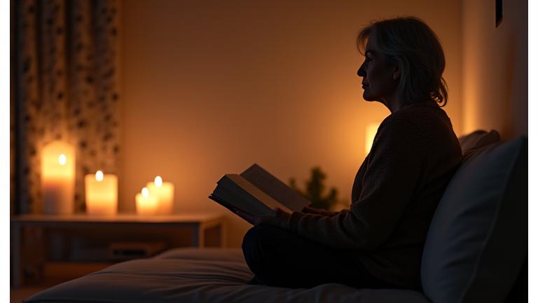 Mature adult meditating to reduce stress before sleep
