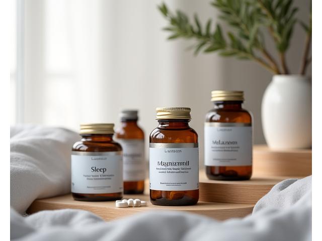 Natural sleep supplements on a bedside table