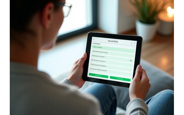 A person in their late 30s or early 40s interacting with a tablet or laptop, completing an online questionnaire with progress bars, surrounded by a comfortable, modern home environment, symbolizing a personalized assessment.