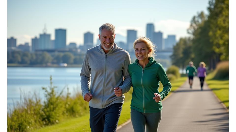 An active couple, both in their early 40s, power walking with enthusiastic smiles along the waterfront in Portland, Oregon, with the city skyline in the background, symbolizing heart-healthy cardio and local engagement.