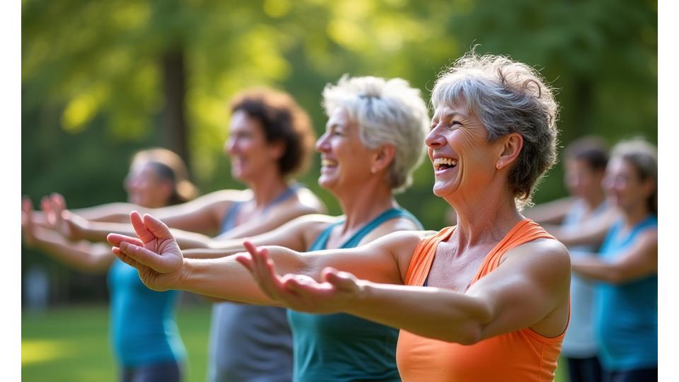 A diverse group of adults 35+ of varying fitness levels stretching and laughing together in an outdoor park setting in Portland, symbolizing community support and collaborative exercise.