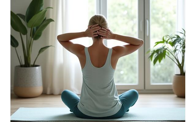 Woman in her late 40s gently stretching her back while seated on a yoga mat, with soft natural light, conveying peace and improved mobility.