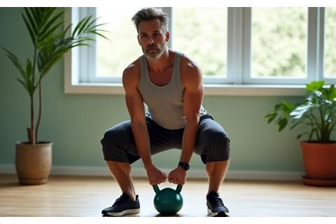 Man in his 40s performing a controlled goblet squat with a kettlebell in a spacious, well-lit home gym, focusing on proper form and stability.