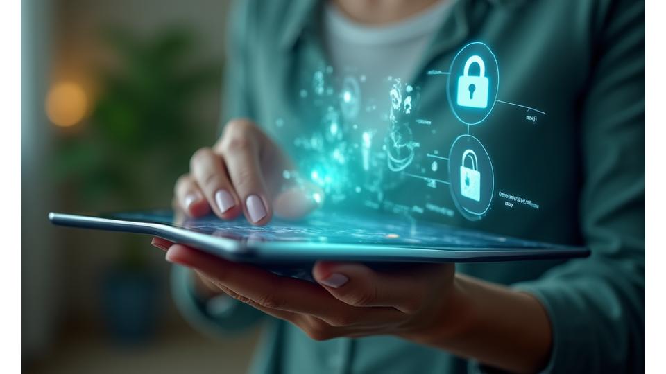 Illustration of a person interacting with a secure, personalized digital wellness dashboard, emphasizing user control and data privacy.