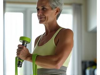 Woman doing low-impact exercise with resistance bands, smiling.