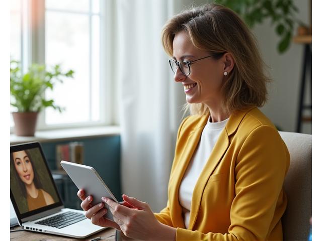 Woman happily engaging in a virtual wellness coaching session on a tablet.