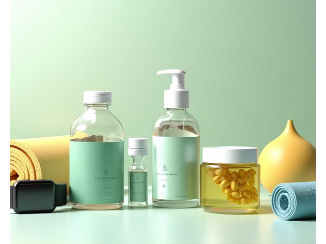Diverse wellness products like smartwatches, supplements, and yoga mats arranged appealingly
