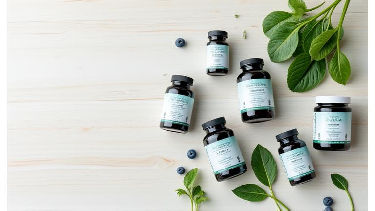 Various bottles of quality nutrition supplements and superfood powders on a light background