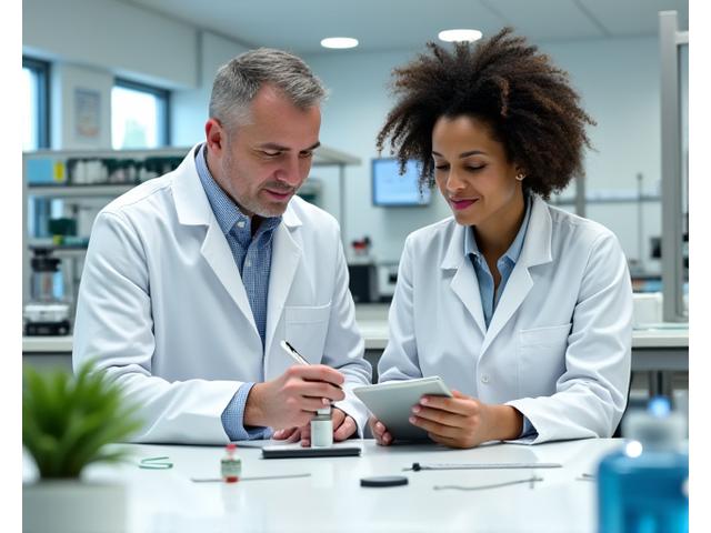 Certified wellness experts in a modern lab setting evaluating a product for quality