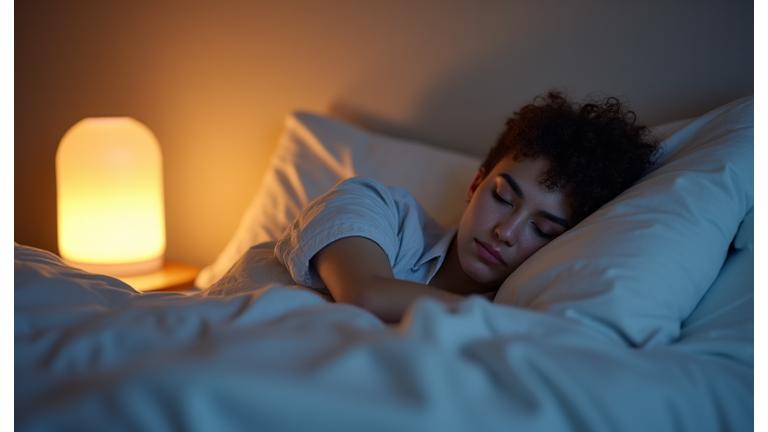 A tranquil bedroom scene with smart lighting and a comfortable bed, illustrating good sleep hygiene