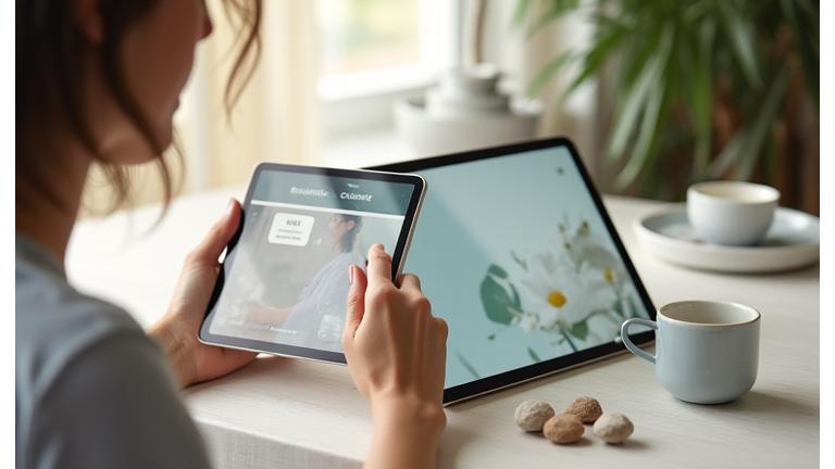 A person using a calming meditation app on a tablet, surrounded by essential oils and a comfortable setting